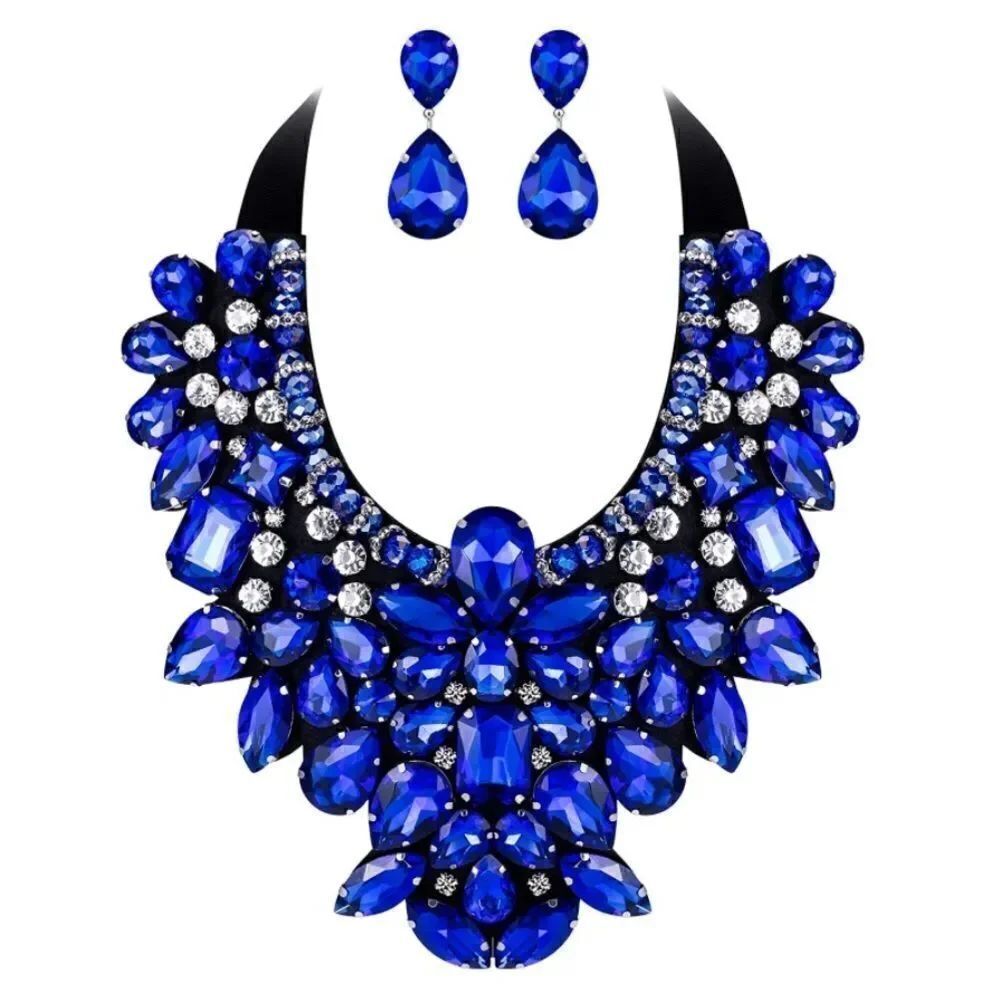 Blue Sapphire & Diamond Crystal Adjustable Ribbon Bib Necklace and Earrings Set